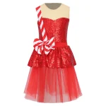 Robe de danse pour fille à sequins rouges tutu en tulle nœud rayé fête bal Noël occasion spéciale style festif qualité premium confortable