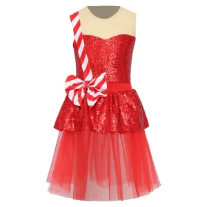 Robe de danse pour fille à sequins rouges tutu en tulle nœud rayé fête bal Noël occasion spéciale style festif qualité premium confortable