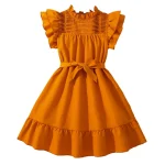 Robe jauneorange fille fronces manches bouffantes ceinture pour anniversaire baptême été 812 ans vêtement élégant confortable moderne