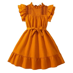 Robe jauneorange fille fronces manches bouffantes ceinture pour anniversaire baptême été 812 ans vêtement élégant confortable moderne