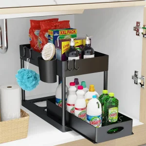 Organisateur de rangement sous évier et armoire coulissante en métal noir 2 niveaux crochets tasse suspendue moderne cuisine et salle de bains Organisateur de rangement sous évier et armoire coulissante en métal noir 2 niveaux crochets tasse suspendue moderne cuisine et salle de bains