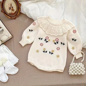 Vêtements d&rsquo;automne bébé fille sac princesse tricot brodé robe 1 an combinaison 100 jours style floral