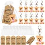 Porteclés ours en peluche avec étiquette remerciement sachet organza cadeau bébé fille garçon fête anniversaire baptême révélation sexe