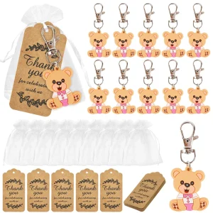 Porteclés ours en peluche avec étiquette remerciement sachet organza cadeau bébé fille garçon fête anniversaire baptême révélation sexe
