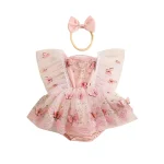 Robe barboteuse en dentelle pour bébé fille motif papillon manches volantes jupe en tulle olympiques de batterie 018M