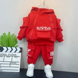 Ensemble vêtements bébé garçon sportif deux pièces veste capuche pantalon rouge style moderne saison printemps automne Ensemble vêtements bébé garçon sportif deux pièces veste capuche pantalon rouge style moderne saison printemps automne