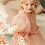 Robe princesse tulle fille mariage anniversaire bal col rond manches courtes personnalisée pastel