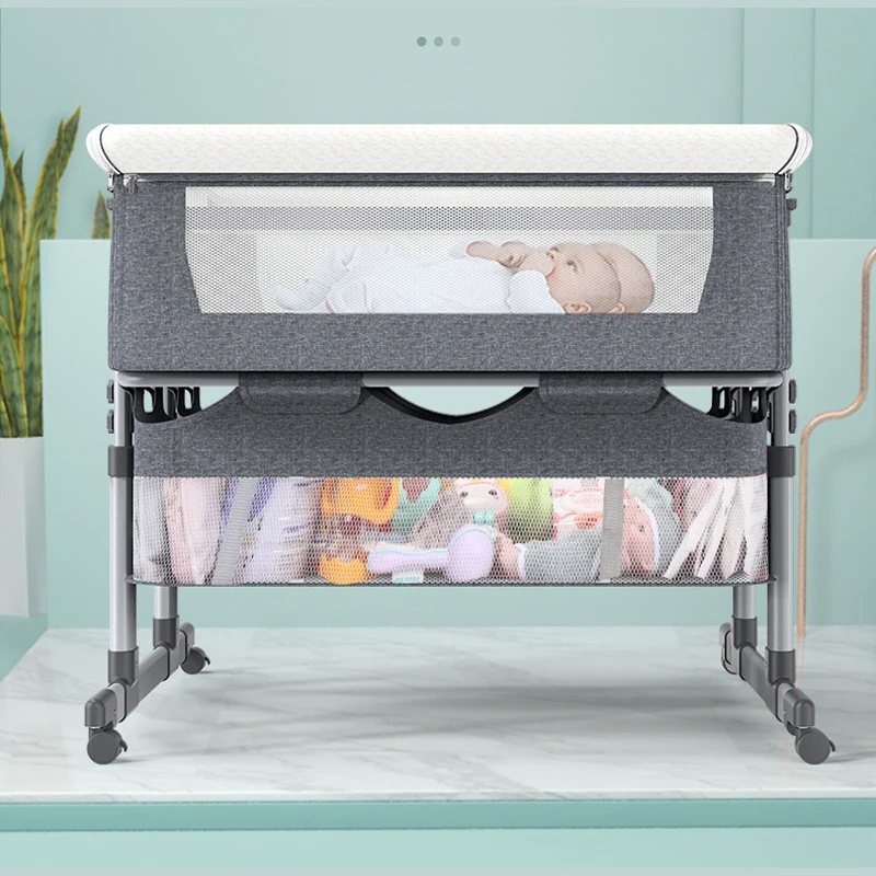 Lit bébé cosleeping double avec séparateur central amovible et filet respirant en métal et tissu gris