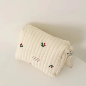 Sacoche maman compacte brodée floral sac à couches poussette rangement bébé blanc crème motifs cerises zip lanière