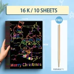 Ensemble art papier à gratter carnet créatif Noël 10 feuilles accessoires en bois cadeau bricolage enfants qualité premium éveil créatif durable