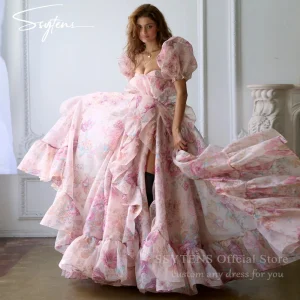 Robe de Soirée Formelle en Tulle à Imprimé Chic, Tenue Personnalisée à Manches Bouffantes, à Volants, pour Concours, Bal, Gala