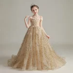Robe de demoiselle d&rsquo;honneur en coton dorée pour enfants robe élégante à épaules dénudées style Angleterre Champagne Gold