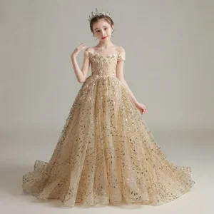 Robe de demoiselle d&rsquo;honneur en coton dorée pour enfants robe élégante à épaules dénudées style Angleterre Champagne Gold