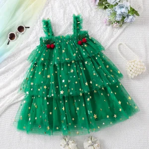 Robe princesse tulle étoiles dorées pompons rouges été fille 46 ans robe longueur genou feste occasion