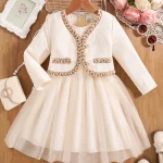 Robe de princesse élégante pour fille style cérémonie automne tissu doux blanc crème accessoires assortis idéal anniversaire mariage