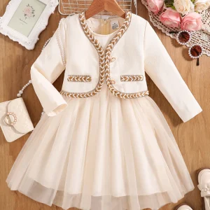 Robe de princesse élégante pour fille style cérémonie automne tissu doux blanc crème accessoires assortis idéal anniversaire mariage