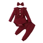 Ensemble vêtements bébé fille body manches longues nœud bow rouge bordeaux texture côtelée 3 pièces headband