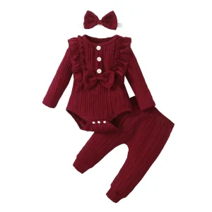 Ensemble vêtements bébé fille body manches longues nœud bow rouge bordeaux texture côtelée 3 pièces headband Ensemble vêtements bébé fille body manches longues nœud bow rouge bordeaux texture côtelée 3 pièces headband