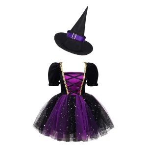 Costume de sorcière pour filles robe Tutu scintillante chapeau pointu déguisement Halloween Carnaval 414 ans