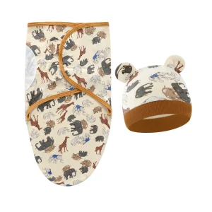 Couverture d’emmaillotage bébé 06 mois fermeture Velcro motifs animaux bonnet inclut coton doux style éveil Zoo