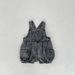 Salopette en denim pour enfants style vintage summer Casual bretelles ajustables poches latérales look décontracté couleur grise délavée 13 ans