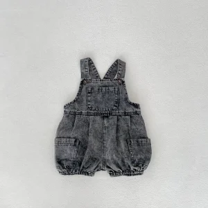 Salopette en denim pour enfants style vintage summer Casual bretelles ajustables poches latérales look décontracté couleur grise délavée 13 ans