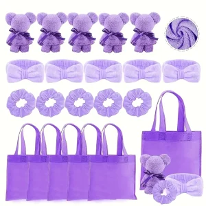 Coffret cadeau 20 Spa  6 peluches ours 4 bandeaux 4 chouchous 5 sacs transparents  Accessoires mode violet pastel  Idéal pour cadeaux fêtes anniversaires