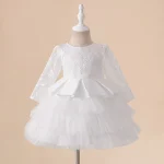 Robe de baptême en dentelle manches longues bébé fille robe princesse tulle moelleux fête mariage 1er anniversaire blanc