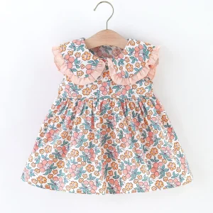 Robe à fleurs sans manches pour bébés filles vêtements d&rsquo;été en coton style mignon 03 ans col à volants confortable et élégant