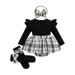 Tenue printemps automne bébé fille robe manches longues jupe carreaux accessoires tête et pieds look élégant 03 ans