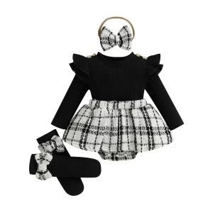 Tenue printemps automne bébé fille robe manches longues jupe carreaux accessoires tête et pieds look élégant 03 ans Tenue printemps automne bébé fille robe manches longues jupe carreaux accessoires tête et pieds look élégant 03 ans