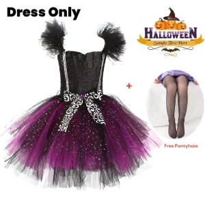 Robe sorcière Halloween pour enfant tulle scintillant col ruché accessoires incl. costume enfant fille fête anniversaire Noël