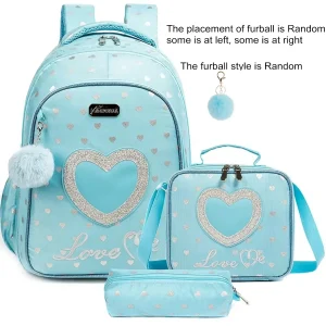 Sac à dos école filles ensemble backpack lunchbox trousse style cœur pompon imperméable durable