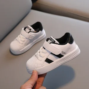 Chaussures sport enfants PU antidérapantes blanches/noires velcro lacets modernes confortables activités quotidiennes et sportives