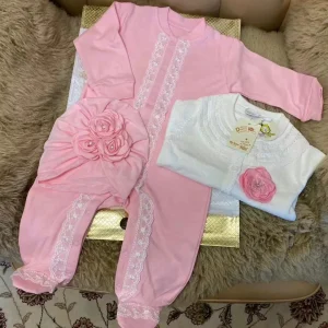 Ensemble vêtements bébé garçon 3 pièces coton dentelle rose floral pyjama cardigan bonnet naissance cadeau
