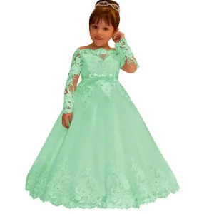 Robe de cérémonie princesse pour filles style bal manches dentelle couleur verte pastel robe de communion mariage fête enfants 48 ans