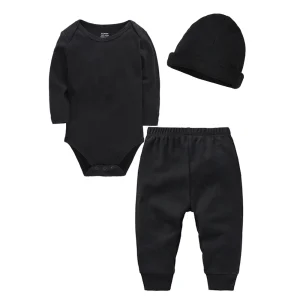Ensemble bébé 3 pièces 100% coton body longues manches pantalon jogging chapeau couleur noire usage quotidien naissance 01 ans vêtement confortable bébé