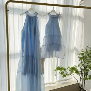 Tenues assorties en mousseline de soie pour mère et enfant, robe maxi spinale et fille, vêtements de plage pour maman et moi