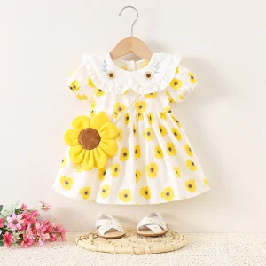 Robe d&rsquo;été pour bébé fille coton imprimé tournesol robe princesse 01 ans style Aline élastique facile à enfiler idée cadeau fête 1er anniversaire