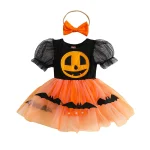 Robe de Halloween pour bébé fille costume citrouille souriante manches bouffantes jupe en tulle accessoires assortis déguisement enfant