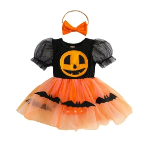 Robe de Halloween pour bébé fille costume citrouille souriante manches bouffantes jupe en tulle accessoires assortis déguisement enfant