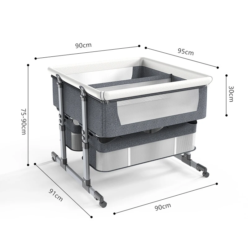 Lit bébé cosleeping double avec séparateur central amovible et filet respirant en métal et tissu gris