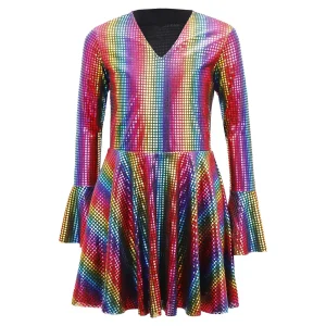 Robe rétro disco années 70 pour filles paillettes multicolores décolleté en V manches longues cloche style festif soirée Halloween Robe rétro disco années 70 pour filles paillettes multicolores décolleté en V manches longues cloche style festif soirée Halloween