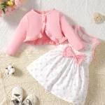 Ensemble robe et cardigan bébé fille coton blanc pois rose nœud accessoires mode classique