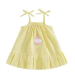 Robe bébé fille Premier Anniversaire Robe de Cérémonie Tissu Léger Rayures Jaune et Blanche Cupcake Appliqué Élastique Taille Confort Été