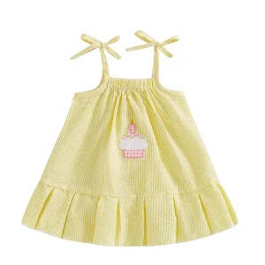 Robe bébé fille Premier Anniversaire Robe de Cérémonie Tissu Léger Rayures Jaune et Blanche Cupcake Appliqué Élastique Taille Confort Été