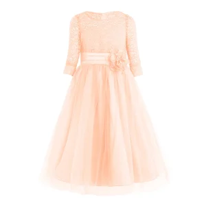 Robe de princesse en dentelle pour filles motif floral tenue élégante pour enfants occasions spéciales anniversaire spectacle été  Pink Clair