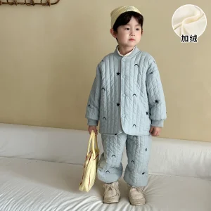 Ensemble bébé en velours automne hiver 3 couches coton rembourrées pantalons épais garçons filles light blue