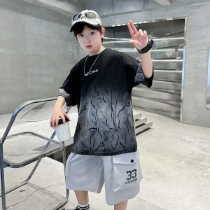 Costume d&rsquo;été pour bébé et enfant Tshirt coton  short cargo style streetwear élégant et pratique pour garçon 713 ans tenue décontractée noire et blanche