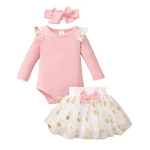 Ensemble vêtements bébé fille 3 pièces body à manches longues volants jupe en tulle pois dorés bandeau rose clair